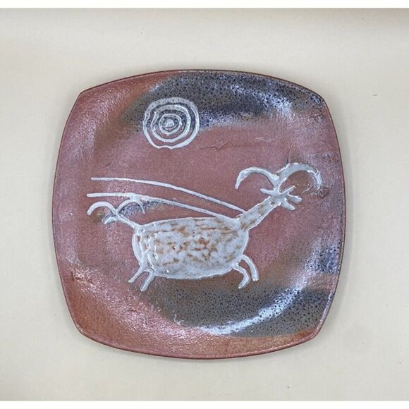 Studio Pottery Artist Native Signed Cave Painting Antelope & Sun 11” X 11” BC - Picture 3 of 12
